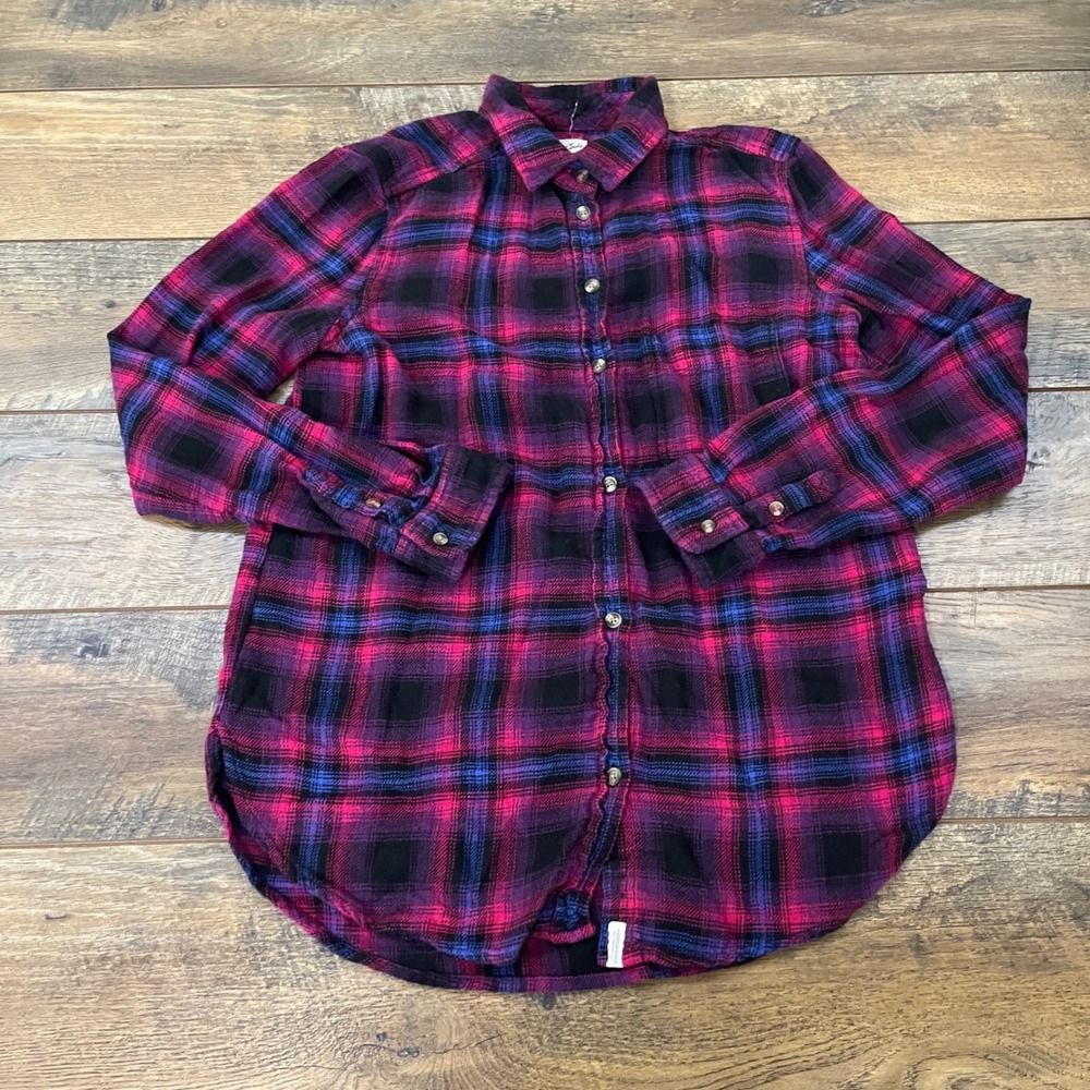 American Eagle Pink Purple Plaid Flannel Shirt Boyfriend Fit Small Cotton Soft
